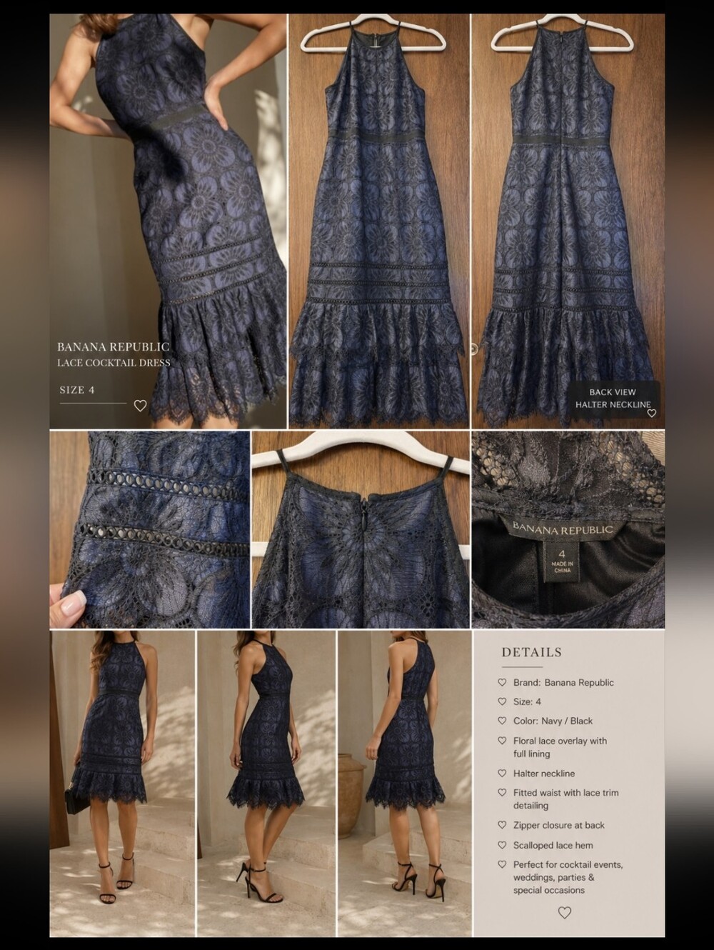 Banana Republic ~ Navy Black Lace Floral Halter Midi Cocktail Dress Size 4 - Picture 13 of 16